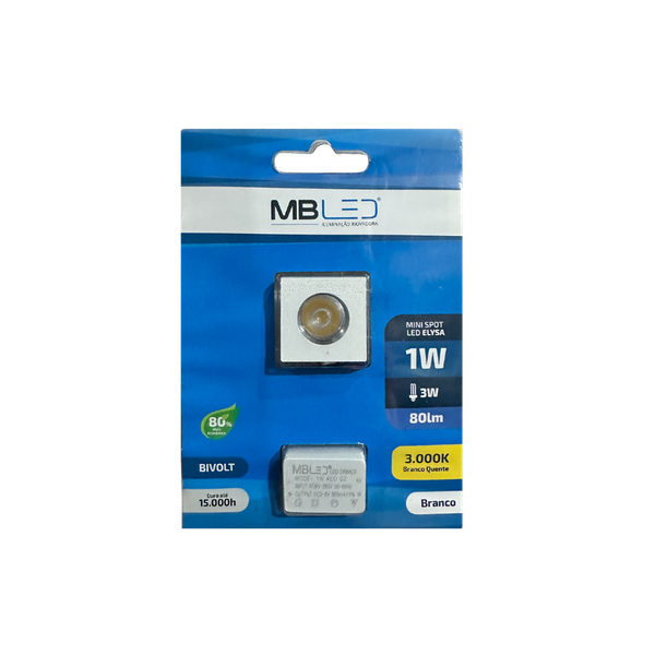 Mini Spot Led de Embutir Quadrado 1W 3000K Branca